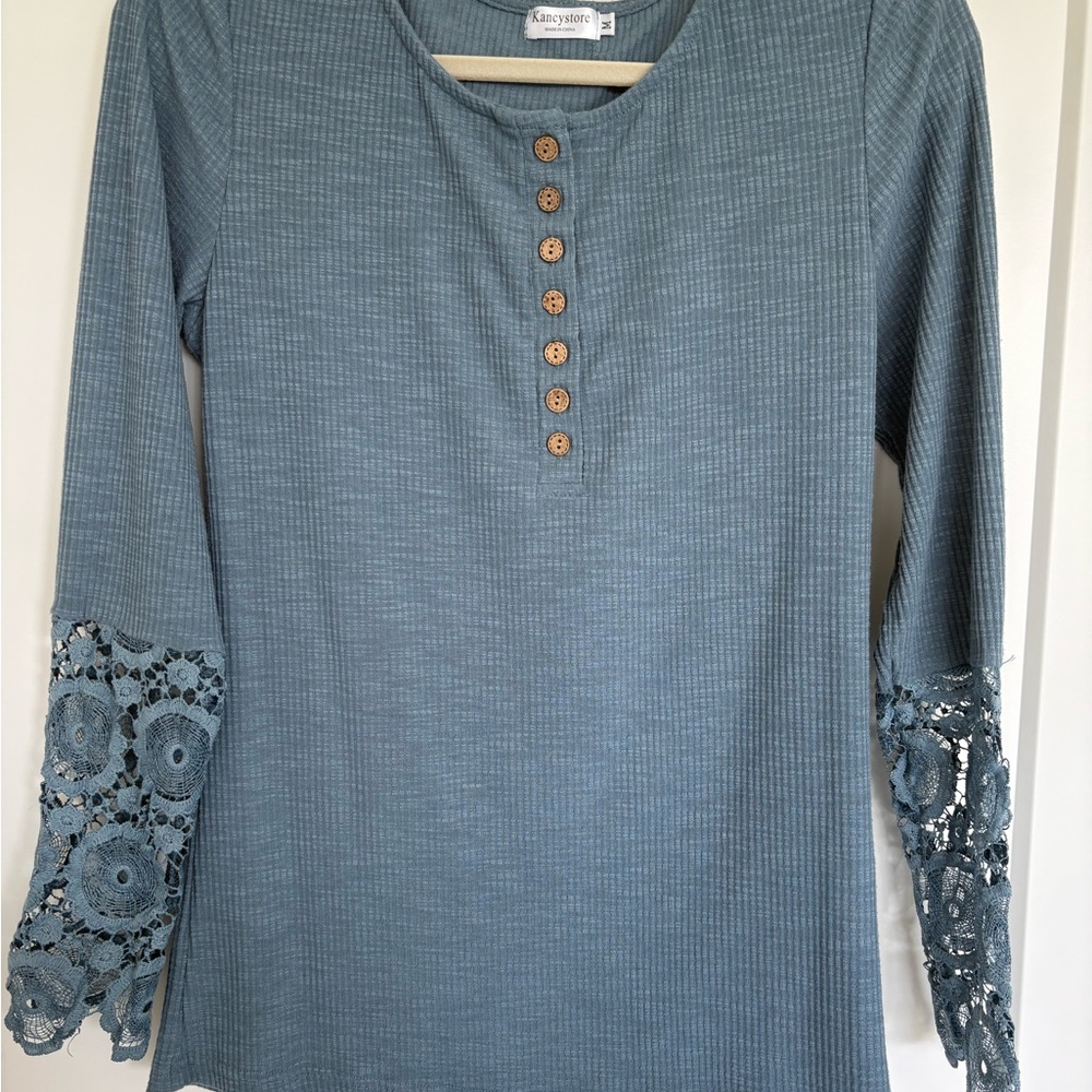 Blue Polo Collar Blouse with 3/4 Lace Sleeves